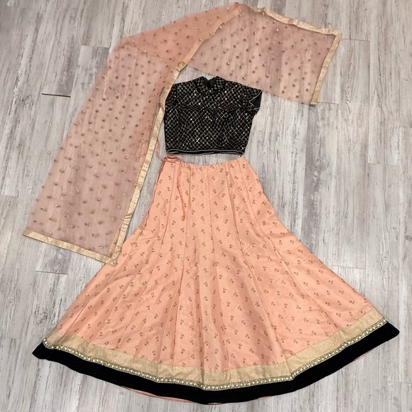 Handmade Peach and Black Women's Skirt Suit